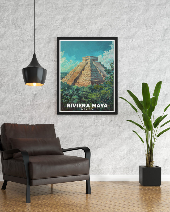 Bring a piece of Mexicos Riviera Maya to your space with this vibrant canvas art, featuring breathtaking beaches and the ancient ruins of Chichén Itzá. A perfect travel poster for beach and history enthusiasts.