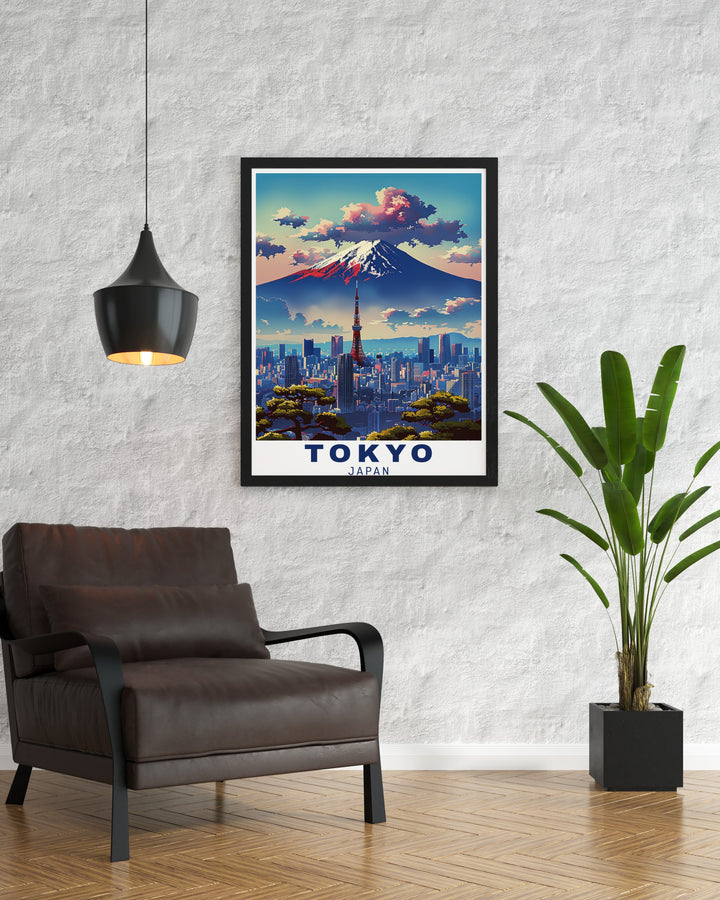 Our Mount Fuji wall art showcases Japans most famous natural landmark, set against a vibrant display of cherry blossoms. This vintage travel print is ideal for anyone who has visited Japan or dreams of exploring its stunning national parks and bustling cities like Tokyo.