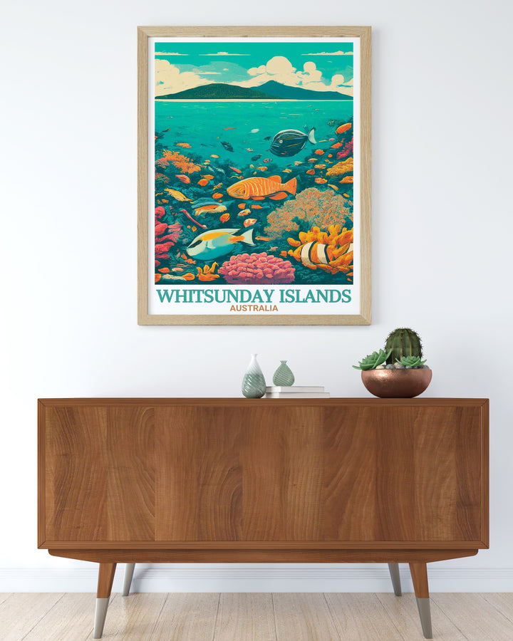 Whitsunday Australia travel print showcasing the idyllic beaches and crystal clear waters of the Great Barrier Reef a perfect wall art piece for beach lovers and those who appreciate stunning nature inspired decor.