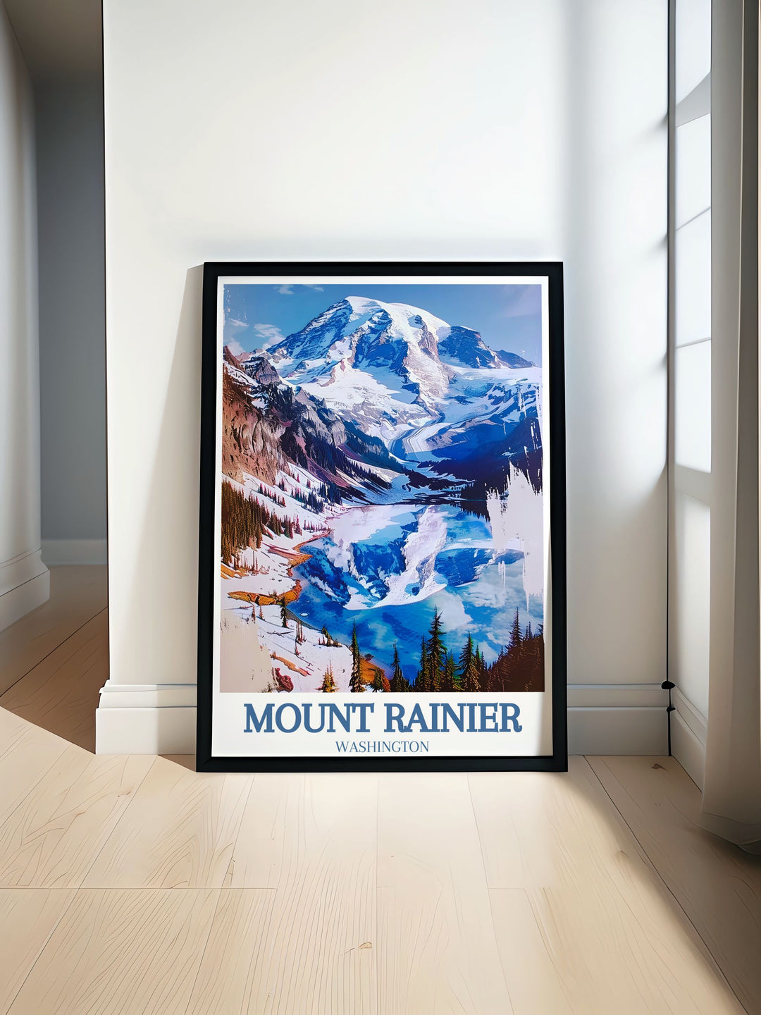 Travel Poster Print of Mount Rainier featuring Nisqually Glacier and Nisqually Vista Loop ideal for elegant home decor and perfect wall decor with vibrant colors and intricate details