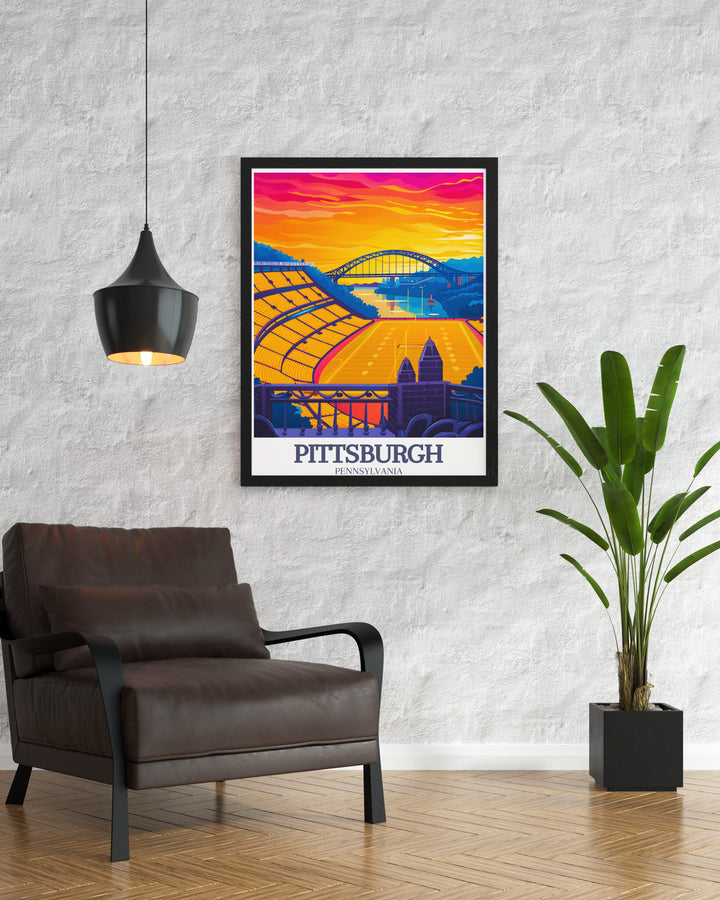 Add a touch of modern elegance to your home with a Pittsburgh wall art print of Fort Pitt Bridge and Heinz Field. This stunning travel poster is perfect for those who appreciate the citys rich history and contemporary aesthetic.