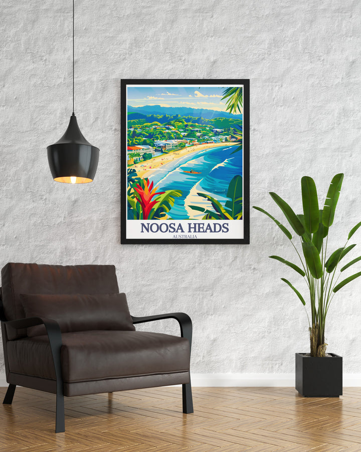 Noosa Heads Poster Print featuring a vibrant view of Noosa Everglades and Main Beach. This colorful travel print brings out the scenic beauty of Australias Sunshine Coast, showcasing the tranquil waters of the beach and the serene wetlands of the Everglades. Perfect for beach and nature lovers.