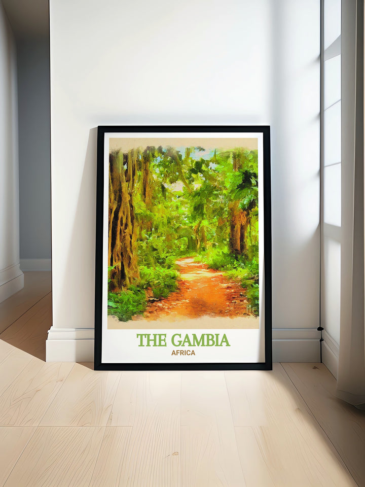 The Gambia travel print featuring Bijilo Forest Park. A beautifully crafted piece that celebrates the rich landscapes and natural wonders of this iconic location. Ideal for enhancing your home decor with a touch of elegance and nature inspired art.