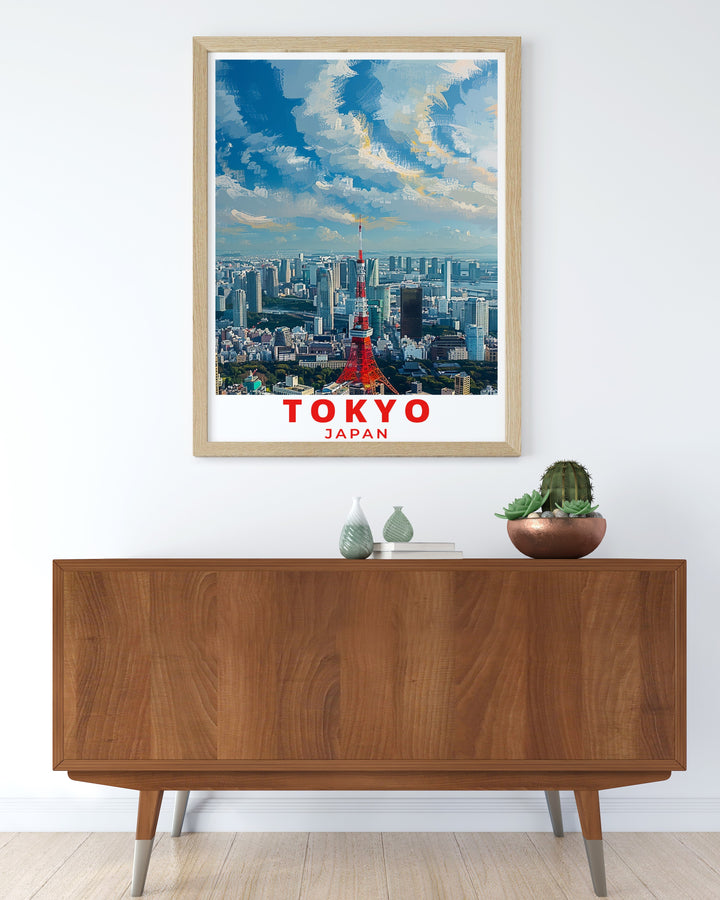 This Japan travel poster depicts the iconic Tokyo Tower rising above the city, with Mount Fuji framed by cherry blossoms in the background. A stunning reminder of Japans beauty, this framed print is perfect for anyone who admires the contrast between urban life and natural wonders.