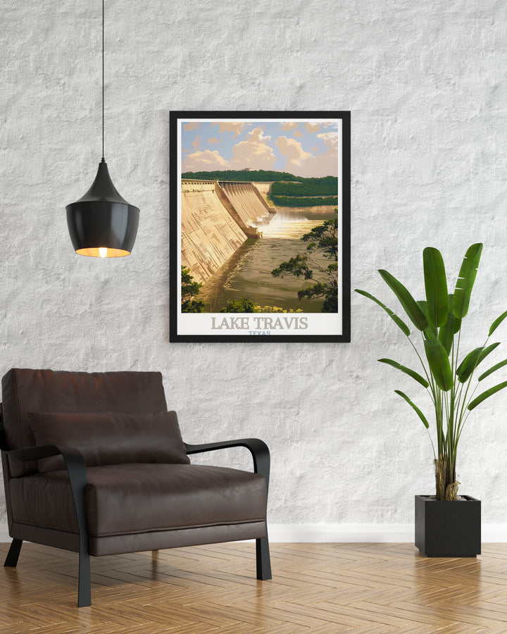 Lake Travis and Mansfield Dam come to life in this Texas travel print. With vibrant details and a serene atmosphere, its an ideal choice for those seeking to bring a touch of nature into their home décor.