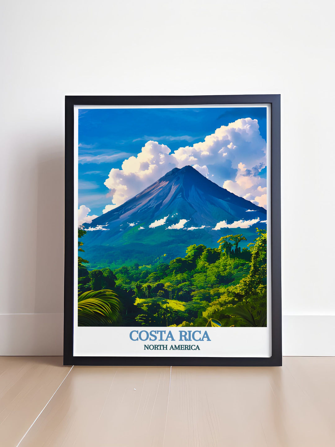 Bring the essence of Costa Rica into your home with this beautiful travel poster of Arenal Volcano, showcasing its lush rainforest and clear waters, perfect for adding a touch of tropical beauty to your space.