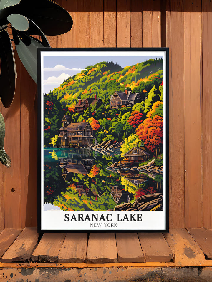 Celebrate New York State with this Saranac Lake print A vibrant depiction of the Adirondack Mountains and Adirondack Park this artwork is perfect for adding a touch of elegance and nature inspired decor to your living room or bedroom