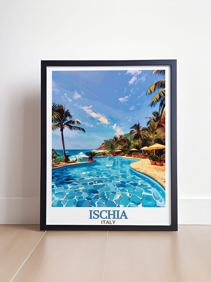 Ischia travel print highlighting the natural beauty of Negombo Thermal Park, Italy, with detailed artwork that captures the lush flora and soothing waters. This fine art piece is ideal for adding a touch of relaxation to your home or for gifting to a friend who loves Italy.