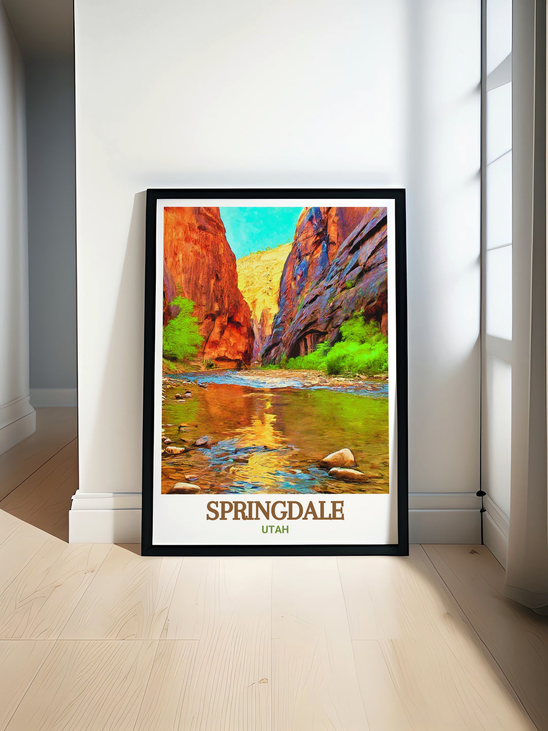 This Utah print features The Narrows, one of Zion National Parks most iconic landscapes, along with the picturesque town of Springdale. The detailed artwork highlights the canyons towering walls and the serene beauty of Springdale, offering a timeless piece that adds character and adventure to any room. Perfect for home decor or as a gift.