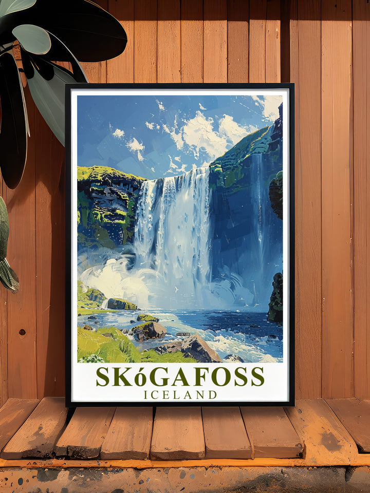 Captivating Skogafoss Waterfall Poster Print illustrating the dramatic flow and rugged beauty of Icelands famous waterfall providing a unique piece of Waterfall Artwork and Vintage Travel Print ideal for those who have explored the Golden Circle or dream of Icelandic adventures