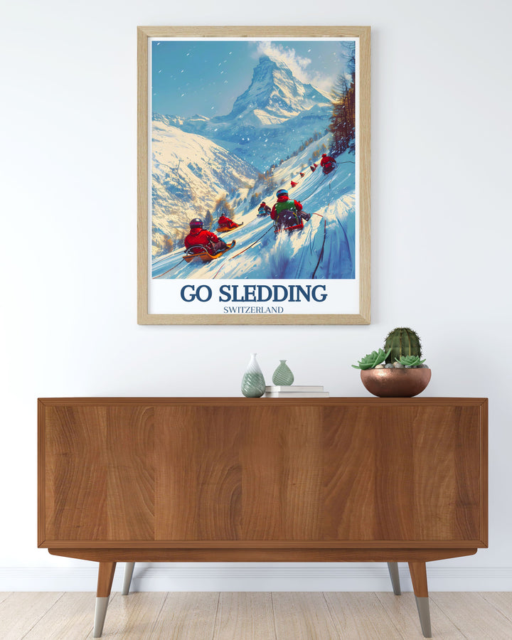 Gallery wall art of a snowy day in Gornergrat, emphasizing the thrill and beauty of sledding in the Swiss Alps.