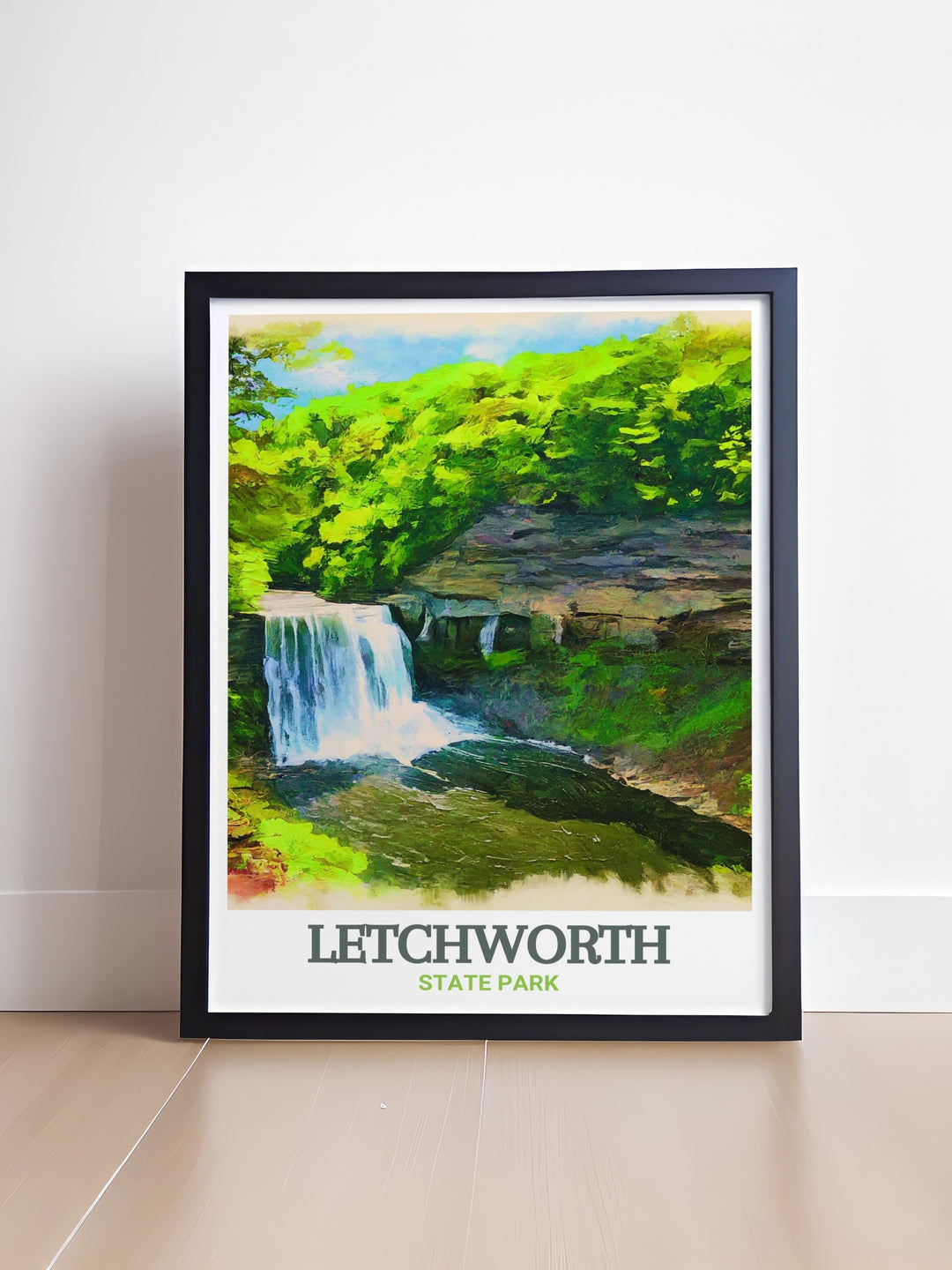 Travel poster of Middle Falls, showcasing the harmonious blend of powerful waters and lush greenery. This print captures the essence of Middle Falls beauty, making it a perfect gift for those who appreciate natures magnificence.