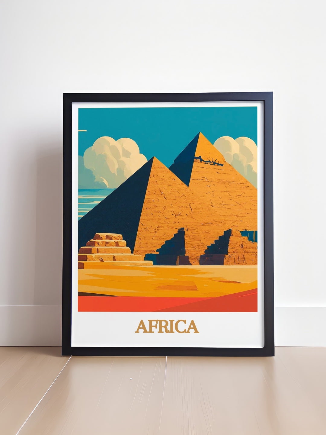 Africa Travel Poster featuring the serene beauty of Bwindi Impenetrable Forest and the iconic Pyramids of Giza ideal for those who love exploring diverse landscapes and cultural landmarks