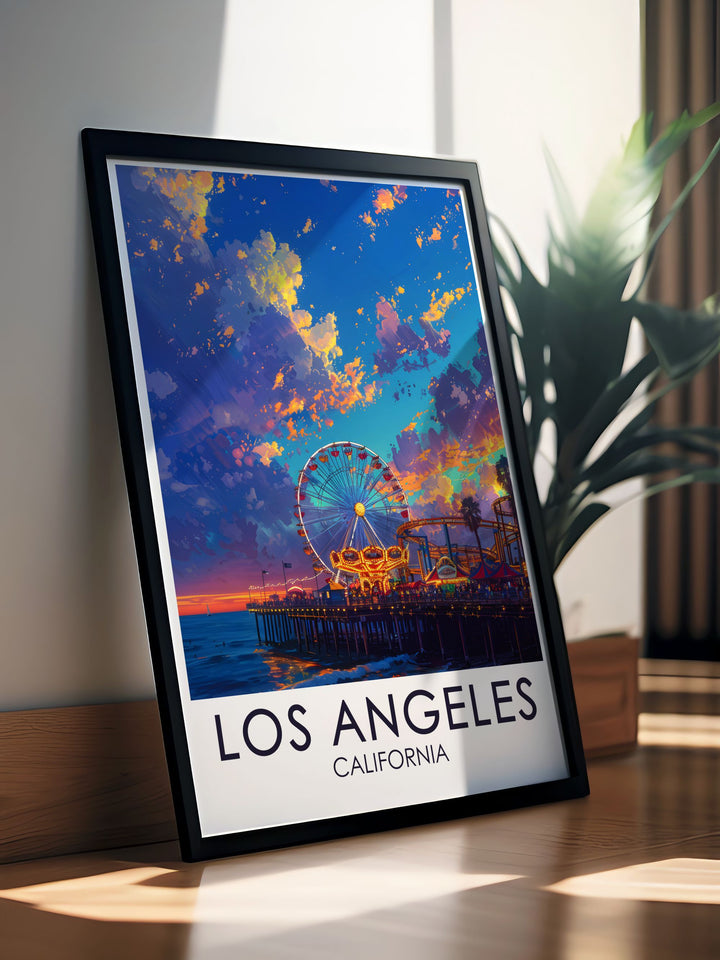 Beautiful Santa Monica Pier travel poster showcasing the vibrant attractions and ocean views of Los Angeles a perfect piece for enhancing your living space with colorful and detailed imagery an ideal choice for traveler gifts and holiday presents