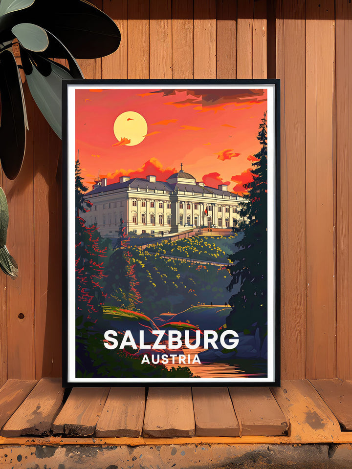 Mirabel Palace in Salzburg and Zauchensee skiing create captivating wall art. Perfect for home decor, this vintage travel print blends Austrian history with winter adventure. Ideal for those who appreciate unique and sophisticated wall art.