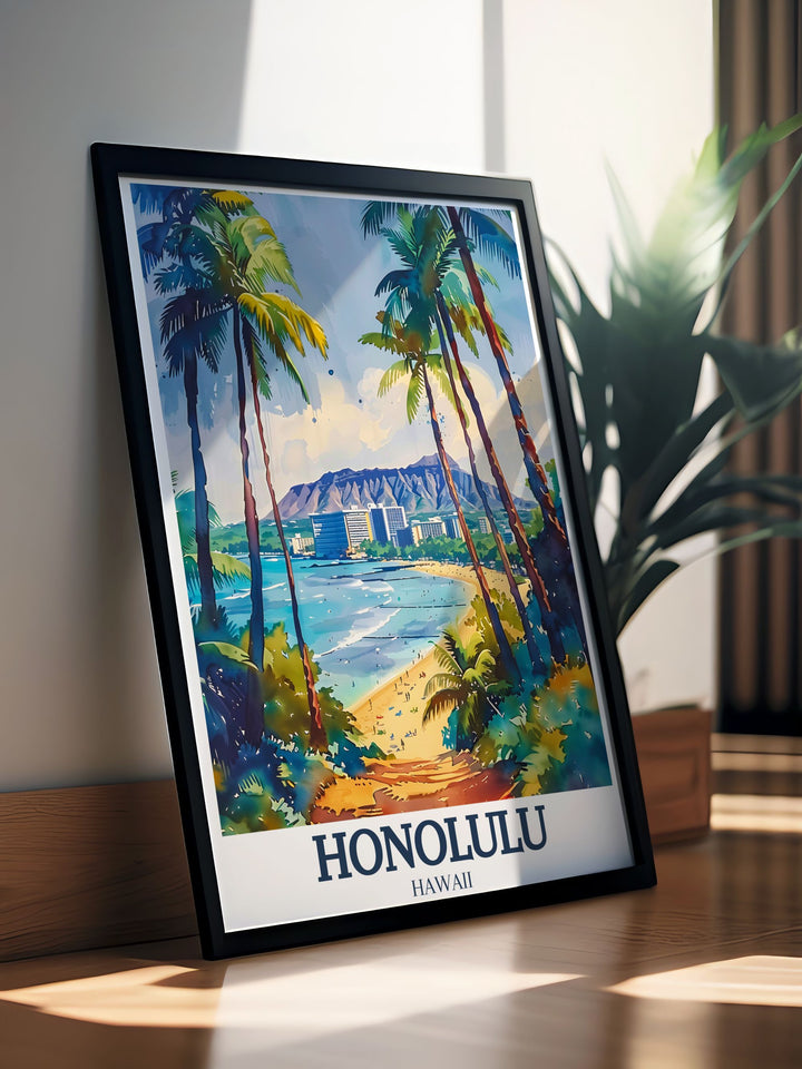 Framed art print of the Aloha Tower, highlighting its significant role in Honolulus maritime history and its stunning architectural design. This piece brings a touch of historical elegance and cultural heritage to your home decor.