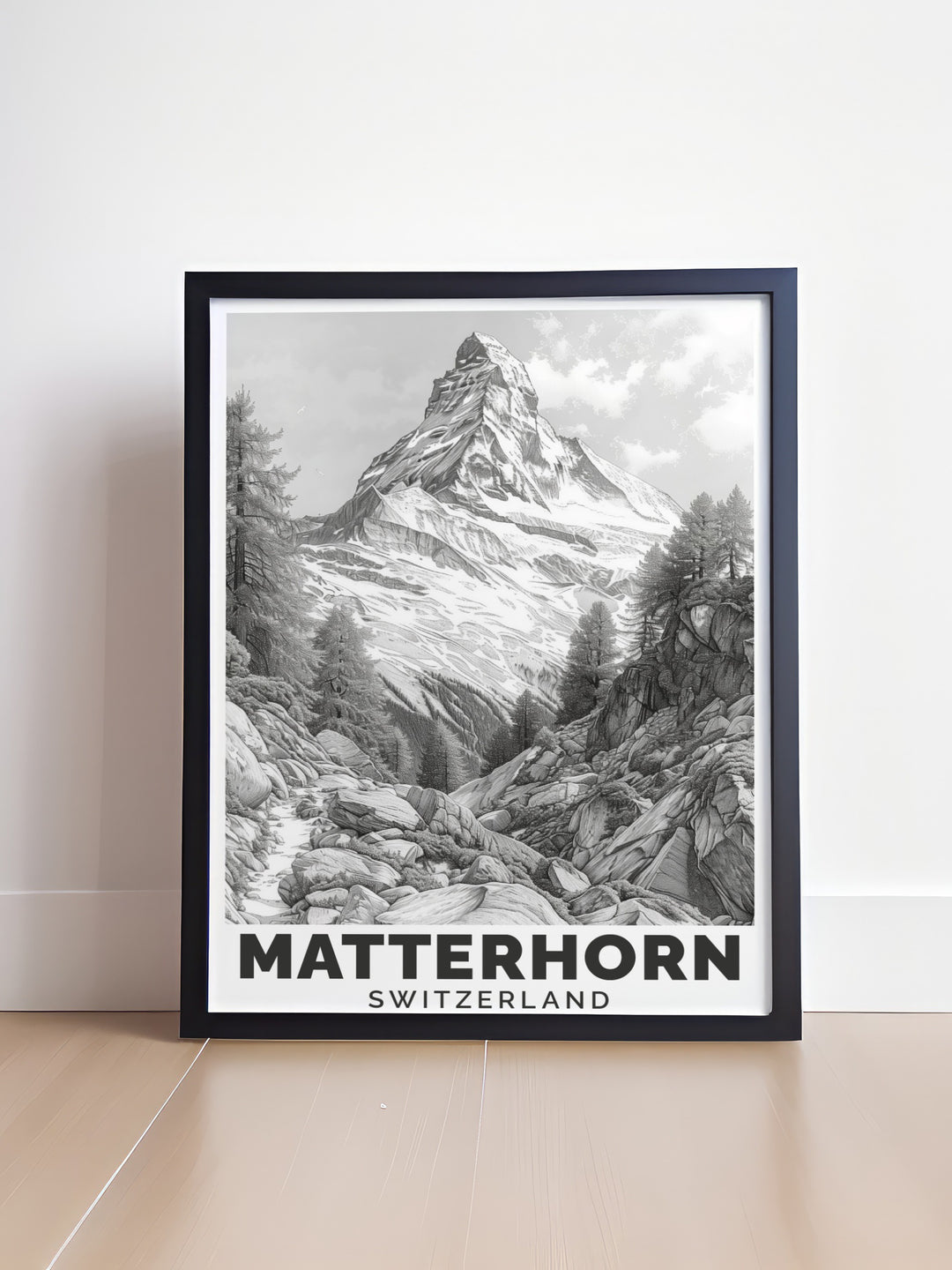 Matterhorn Framed Print highlighting the majestic snow covered peaks of the Swiss Alps ideal for modern mountain decor and winter sports enthusiasts