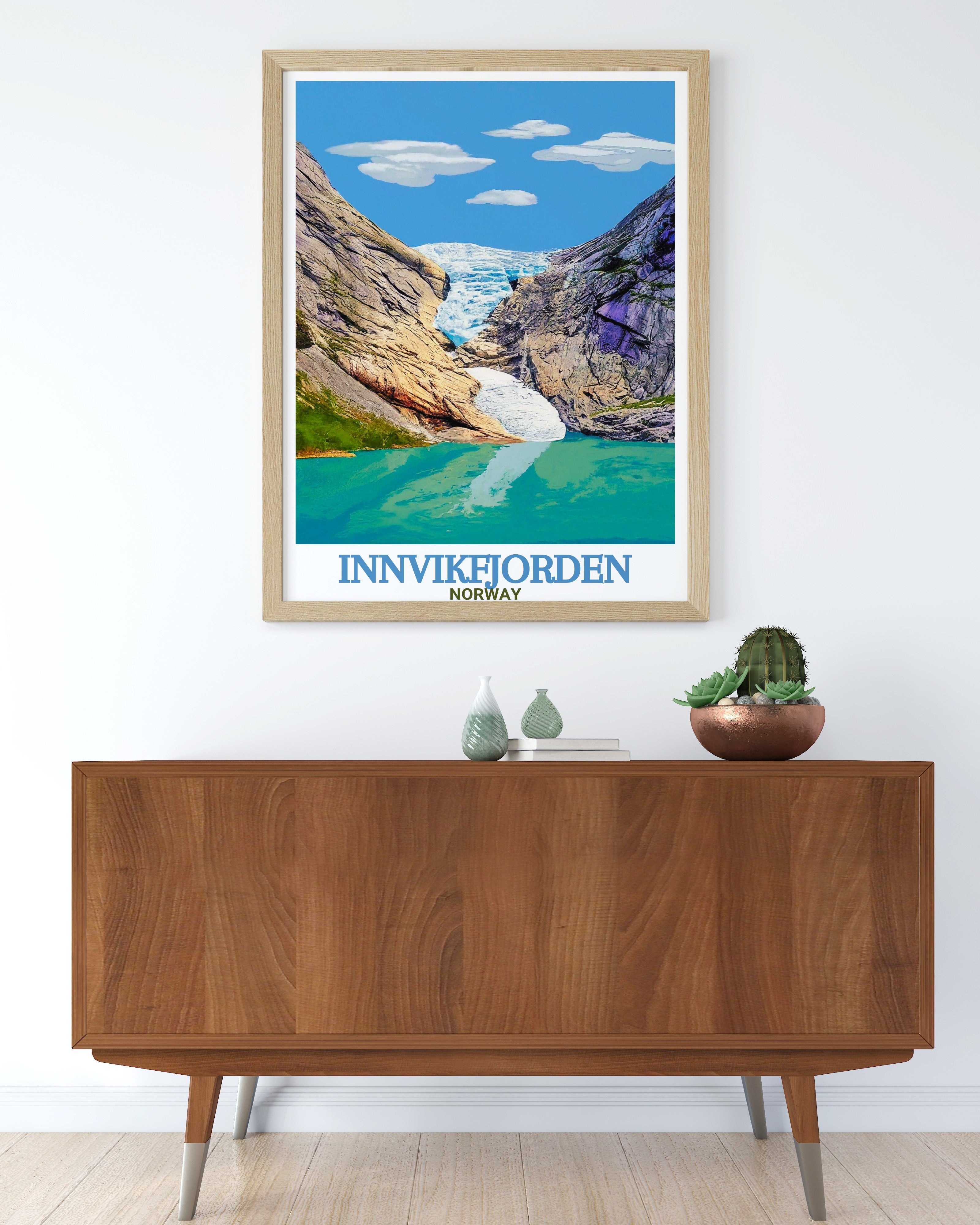 Briksdalsbreen Glacier Norway art print featuring massive glacier and glacial lake landscape with mountain backdrop, spectacular Nordic nature poster perfect for adventure-themed living rooms and nature-inspired home decoration
