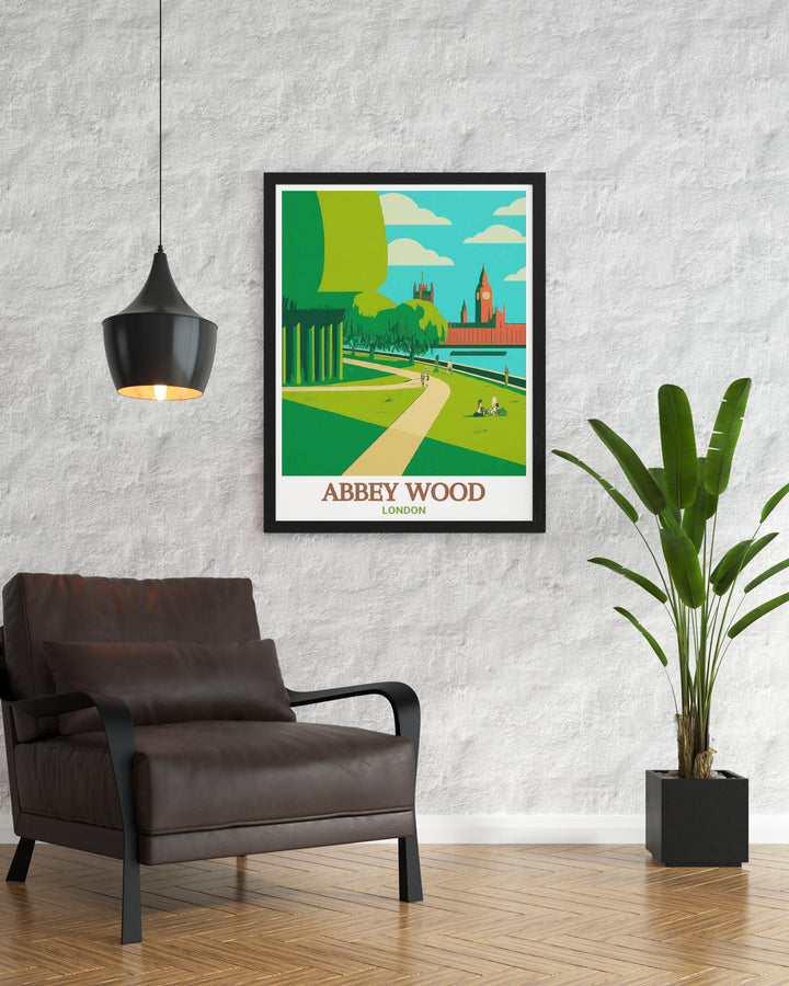 Abbey Wood London print featuring the tranquil Thames Path and the ancient ruins of Lesnes Abbey Woods a beautiful piece of wall art that celebrates the natural and historic treasures of South East London