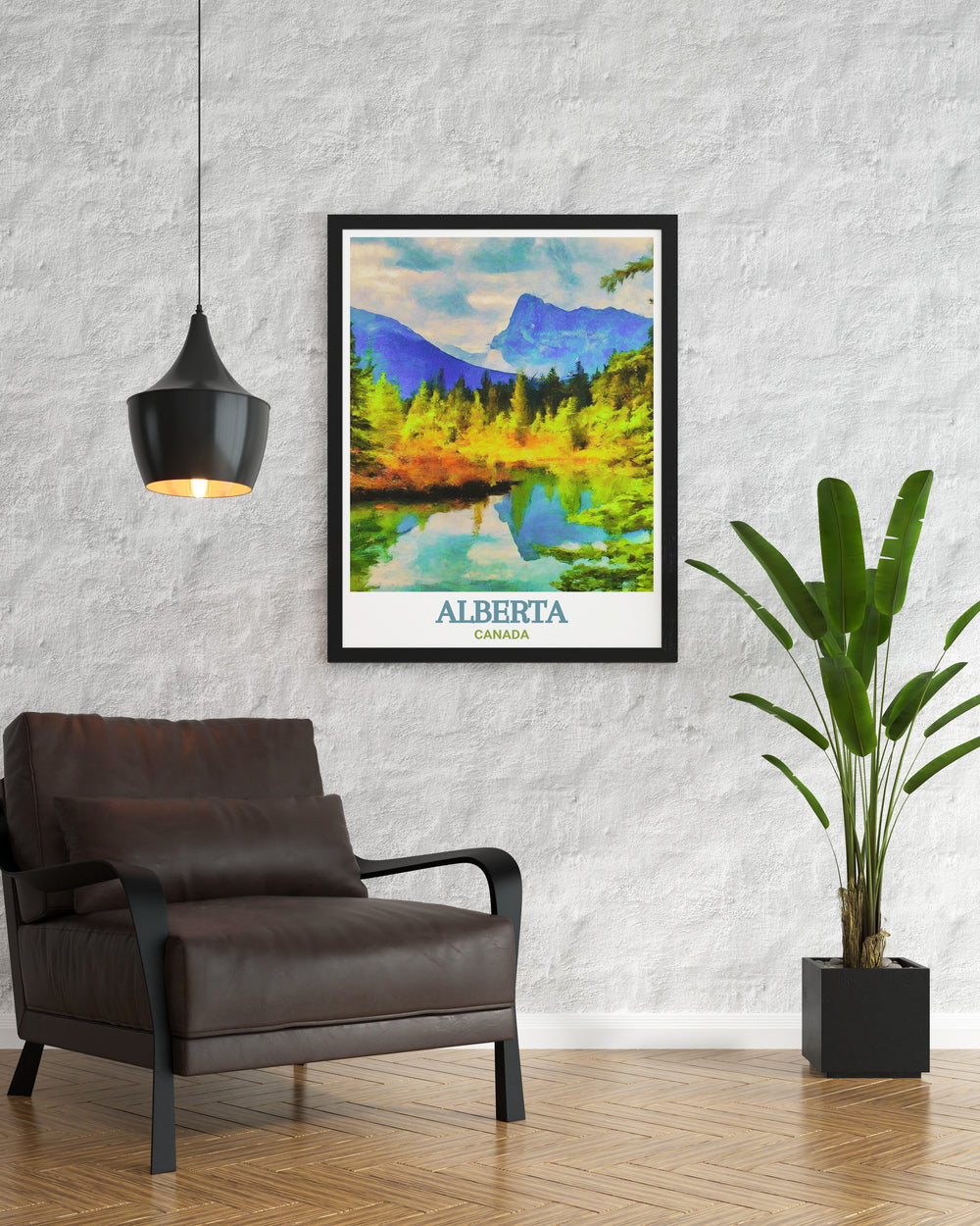 Scenic art print of Jasper National Park, showcasing the parks towering peaks and crystal clear lakes. A perfect addition to any art collection or as a thoughtful gift, this poster embodies Albertas natural beauty and the serene charm of Jasper. Bring the outdoors inside with this stunning piece.