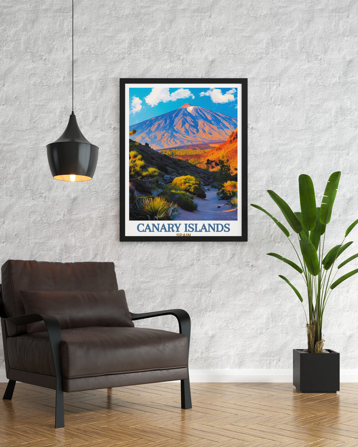 Stunning illustration of Teide National Park Tenerife ideal for wall decor in any home. This art print brings the vibrant landscapes of the Canary Islands to life showcasing Fuerteventura and the volcanic terrain of Spain perfect for travel enthusiasts.