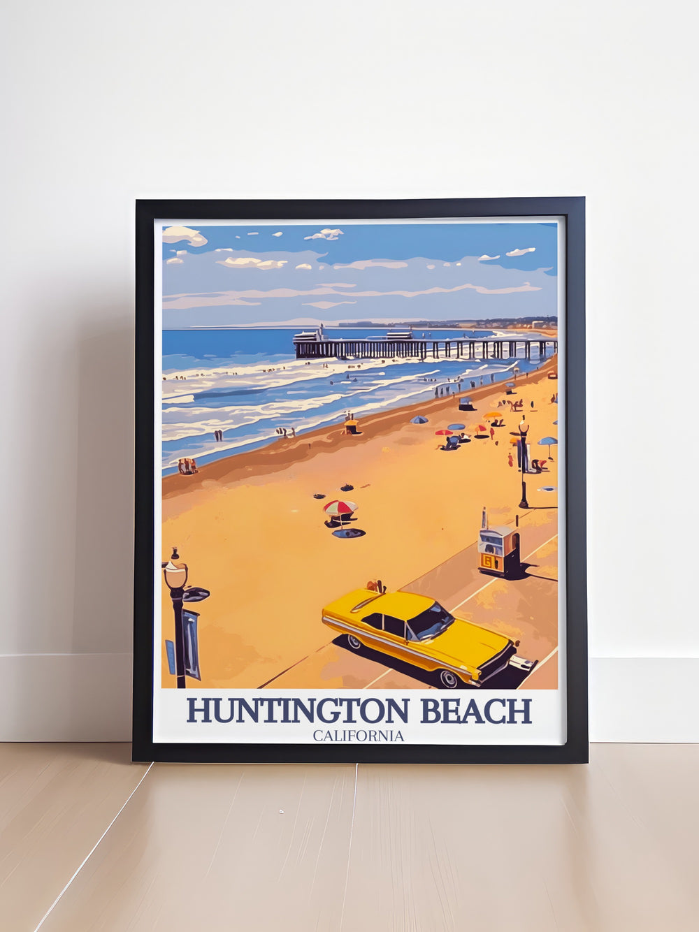 Huntington Beach travel print featuring the iconic Huntington State Beach Park and the vast Pacific Ocean. This California poster captures the essence of coastal living with vibrant colors and a minimalist design, perfect for home or office decor.