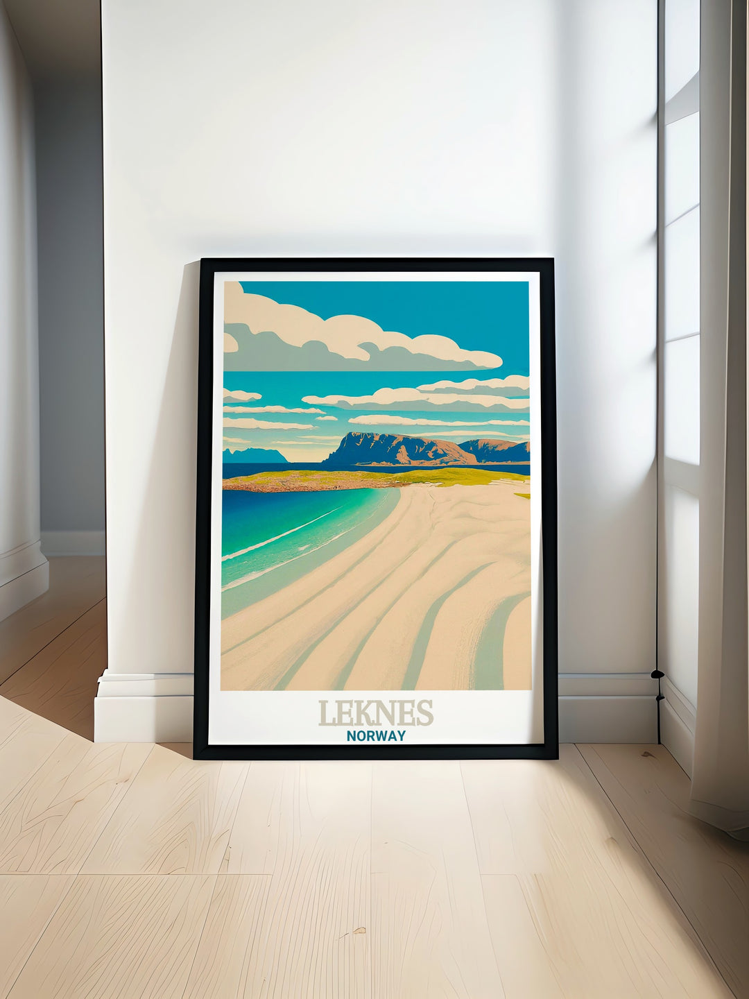 Bring the Arctic wilderness of Leknes, Norway, to your living space with this travel poster. Haukland Beach and the dramatic mountain peaks are beautifully captured in this artwork.