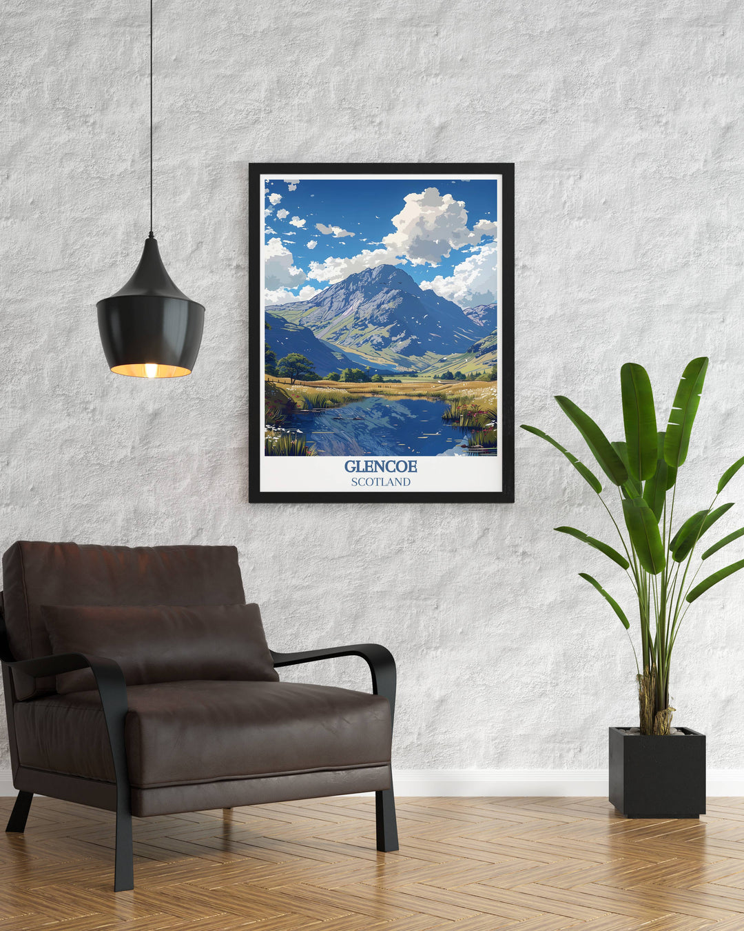 Lochan na h Achlaise Vintage Travel Print bringing the iconic landscapes of Glencoe Scotland into your home a timeless piece of wall art that celebrates the beauty of Scotland ideal for any travel enthusiast or nature lovers home decor