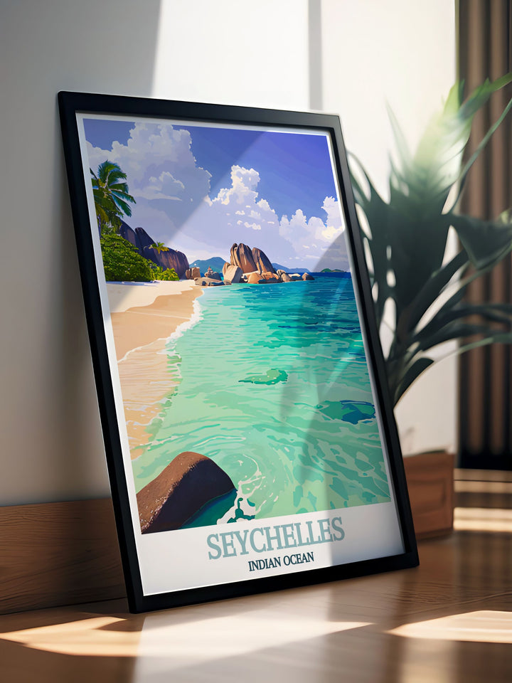 Featuring the serene waters of the Indian Ocean, this poster showcases the tranquil beauty of Seychelles, offering a glimpse into one of the worlds most picturesque beach destinations.