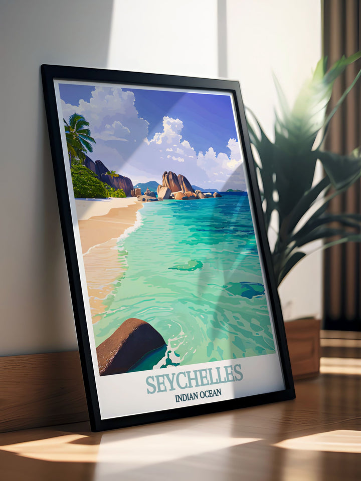 This Seychelles Poster Print showcases the stunning beach of Anse Source dArgent, with its pristine white sands and turquoise waters of the Indian Ocean. The iconic granite boulders and lush greenery make this a perfect art piece for those who love tropical paradises and want to bring the beauty of the Seychelles into their home.