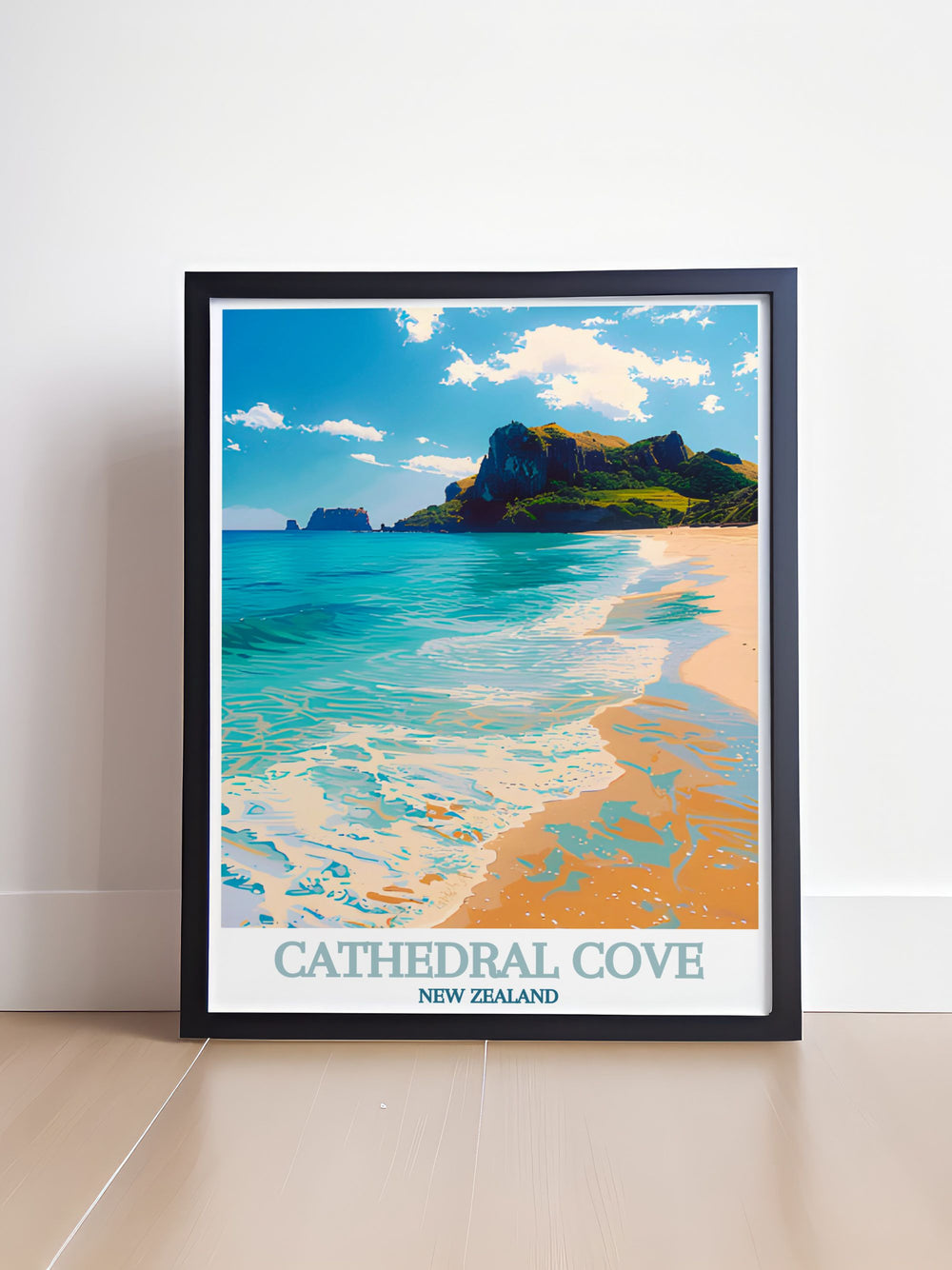 A stunning view of Cathedral Coves natural arch, framing the beach with its majestic rock formation and clear waters.