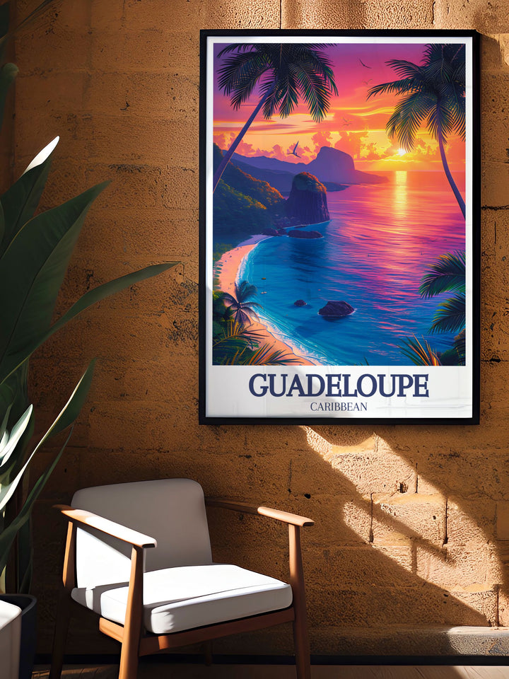 This detailed art print celebrates the vibrant culture and history of Guadeloupe, featuring landmarks that tell the islands story. Perfect for history enthusiasts, this poster brings the rich heritage of the Caribbean into your decor.