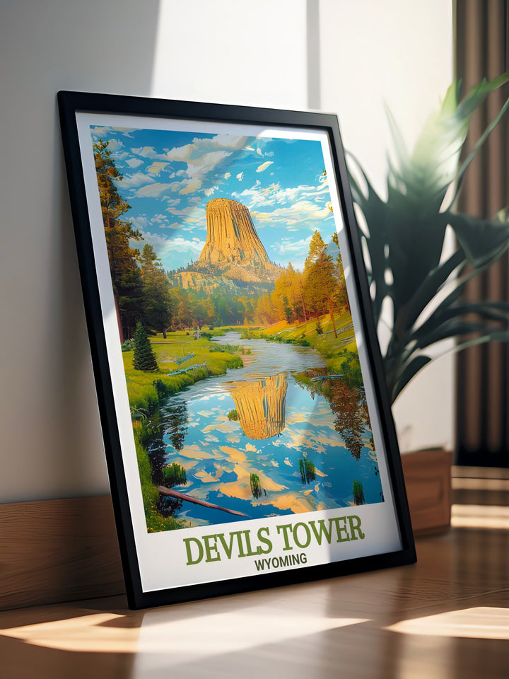 Devils Tower print with Belle Fourche River artwork captures the majestic beauty of Wyoming landmarks. This Devils Tower poster brings a sense of adventure and elegance into any living space while celebrating nature and travel inspired decor for your home.