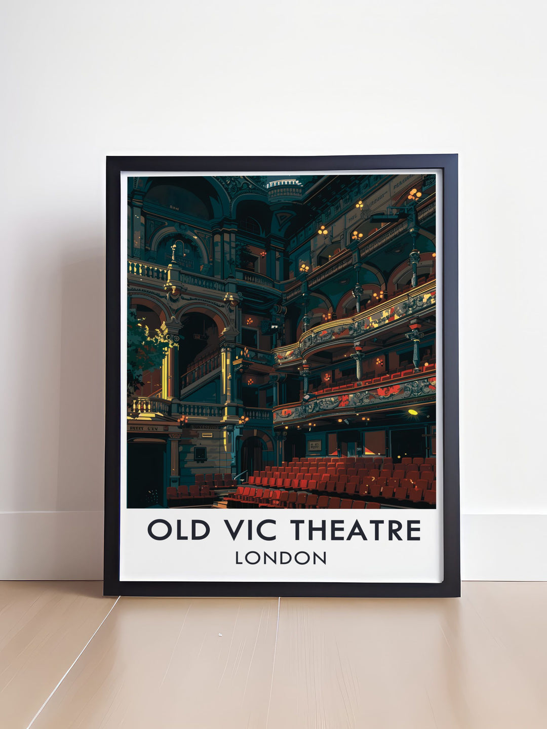 Bring the charm of Londons West End into your home with this Old Vic travel print. Featuring the main auditorium in a vintage art deco style, the poster is perfect for decorating a living space or office, and makes a thoughtful gift for theatre enthusiasts.