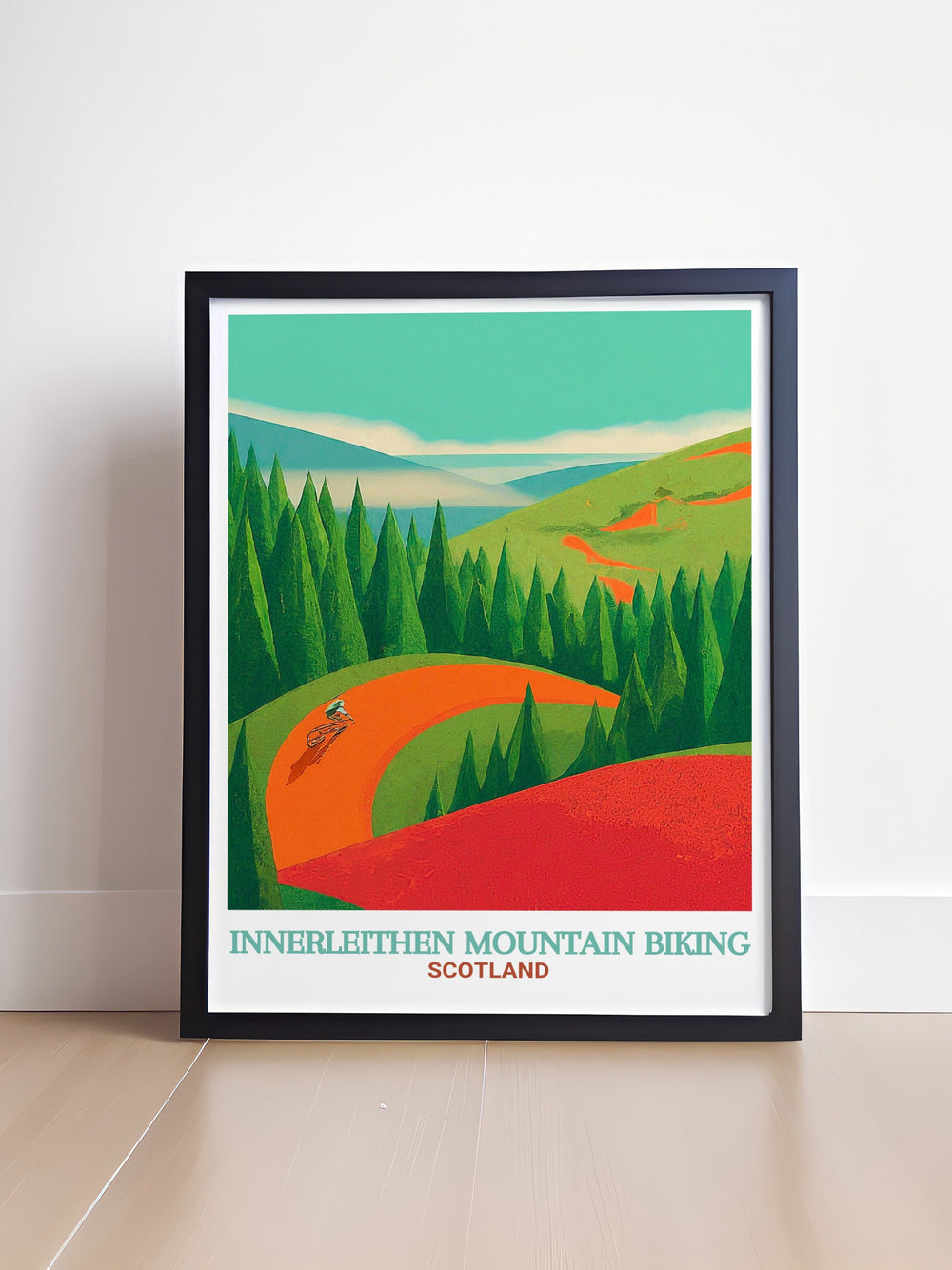 Glentress and Caberston Forest framed art showcase Scotlands iconic MTB trails, offering a view of the natural beauty and adventure that the Tweed Valley has to offer. Ideal for nature lovers and cyclists.