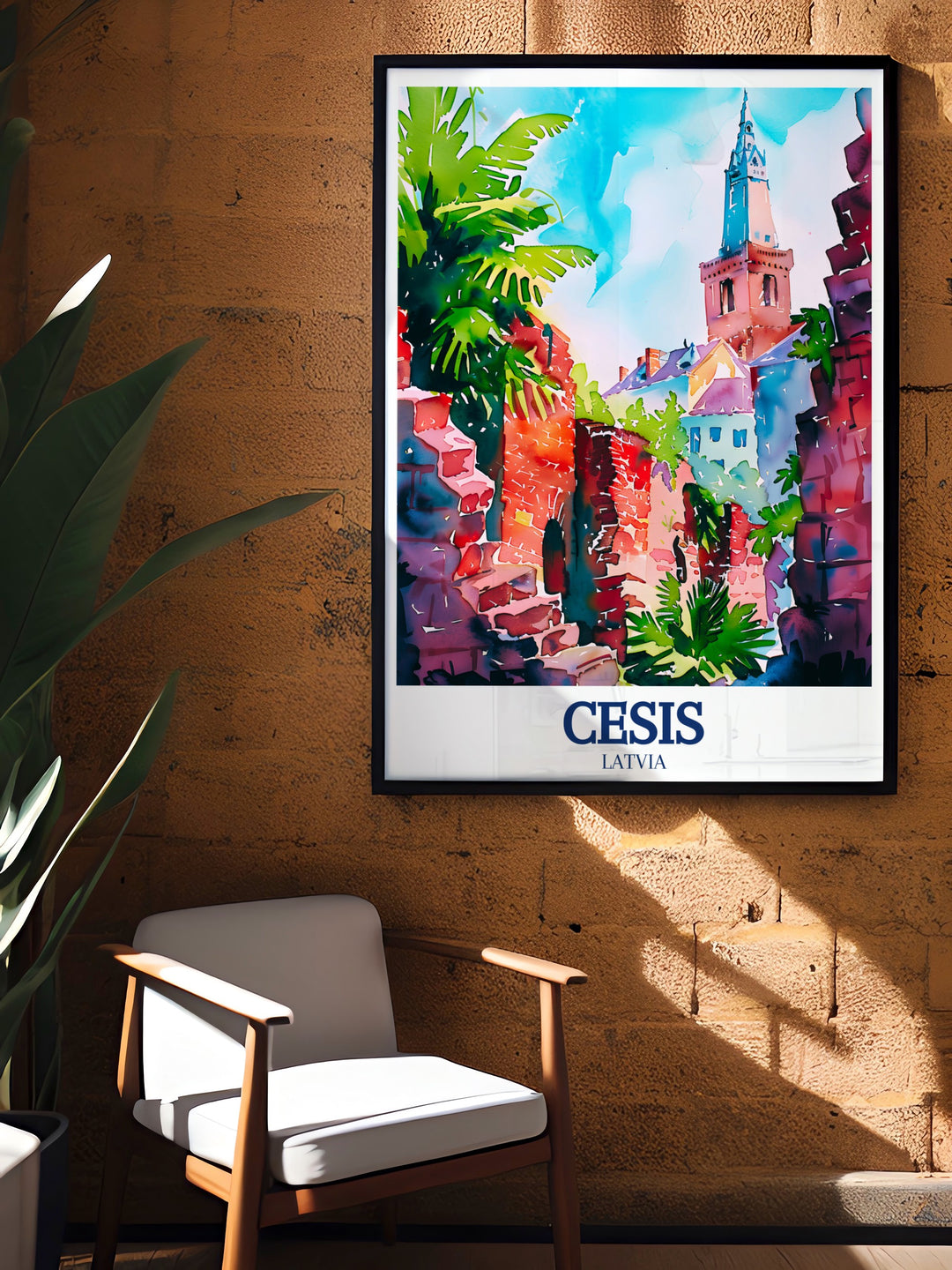 Vintage style poster of Cēsis, Latvia, showcasing the enduring ruins of Cēsis Castle and the Gothic splendor of St. Johns Church. This print is ideal for those who appreciate the intersection of history and art, adding a unique Latvian touch to any room.