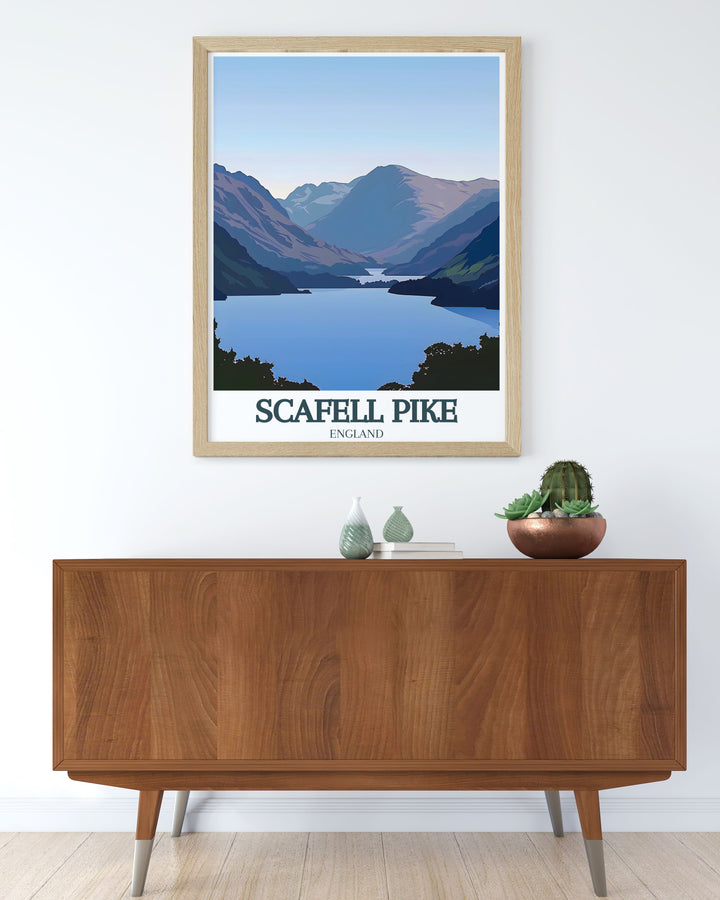 Stunning travel poster of Scafell Pike and Wastwater lake in the Lake District designed to bring a sense of peace and adventure into your living space ideal for anyone who appreciates hiking and outdoor adventures.