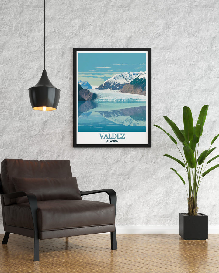 This framed art features the awe inspiring Columbia Glacier in Valdez, Alaska, offering a perfect reminder of the untouched beauty of the region. Ideal for homes or offices, this print brings the calm and majesty of Alaska into any space.