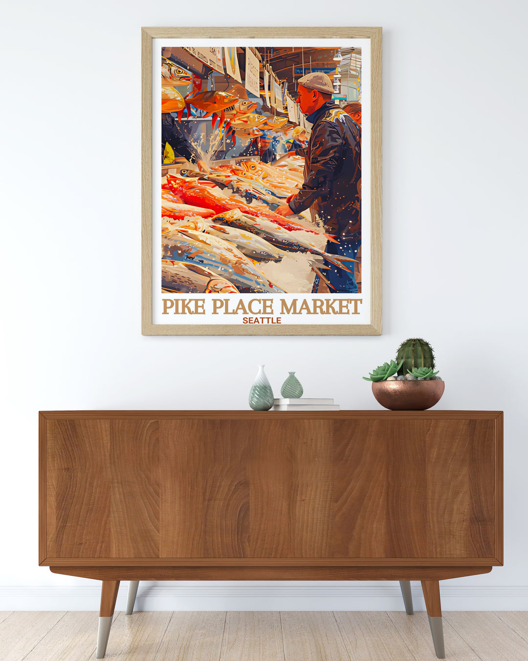 Travel print of Seattle highlighting Pike Place Market with its vibrant stalls and beautiful bay views perfect for enhancing your home decor includes the lively Pike Place Fish Market capturing the citys maritime culture