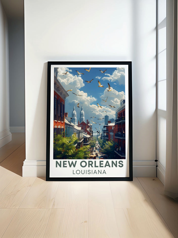 The French Quarter Travel Poster capturing the vibrant streets and historic architecture of New Orleans perfect for home decor or as a travel gift showcasing the rich cultural tapestry and lively atmosphere of this iconic Louisiana neighborhood