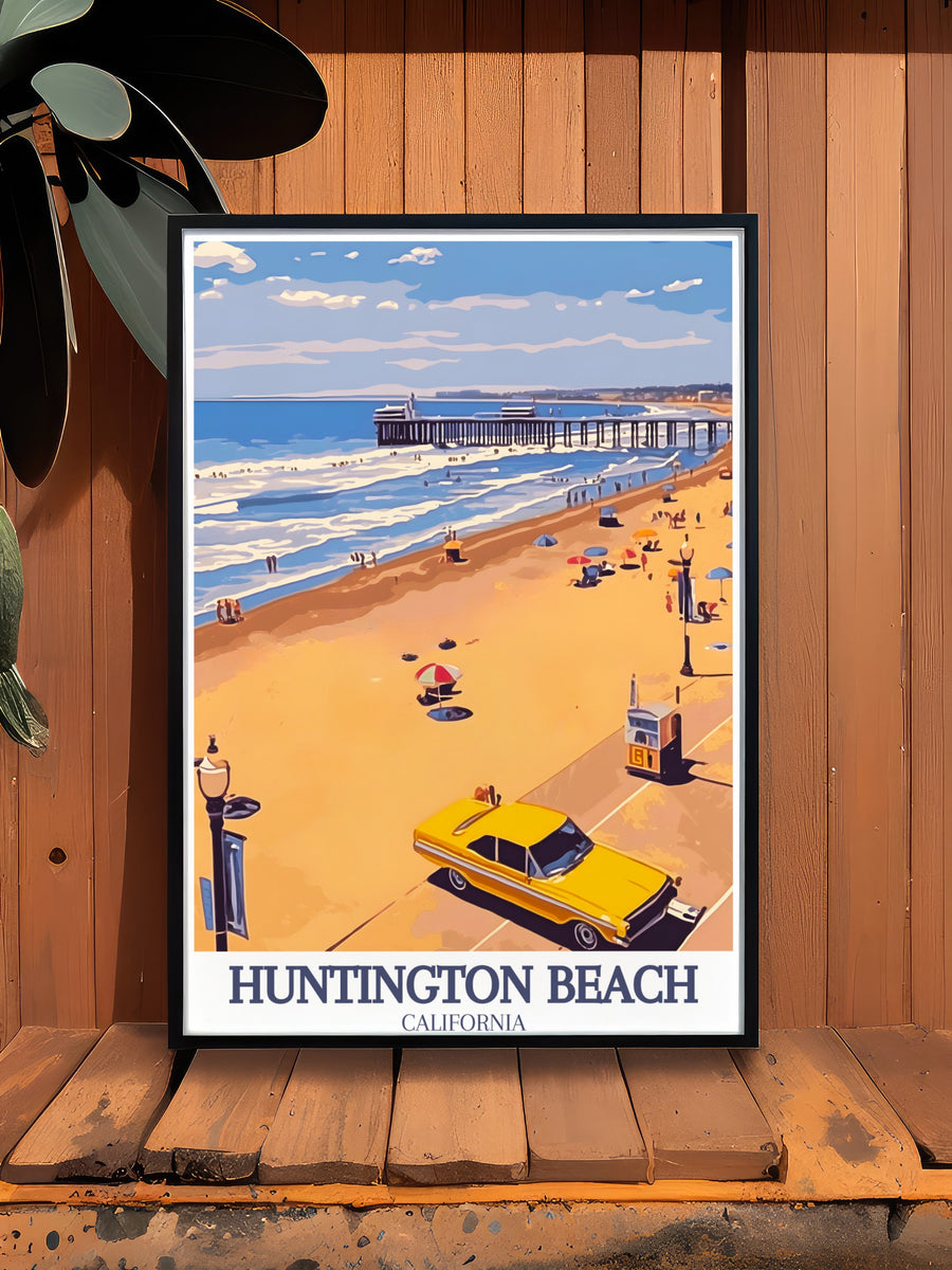 Huntington Beach poster print that captures the natural beauty of Huntington State Beach Park and the Pacific Ocean. The minimalist design and stunning colors make this travel art an ideal addition to beach themed decor.