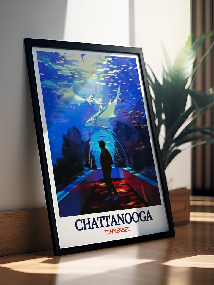 Tennessee Aquarium Modern Art Print with a focus on Chattanoogas iconic aquarium and street map details the black and white theme of this fine line print makes it a timeless addition to any art collection or home decor