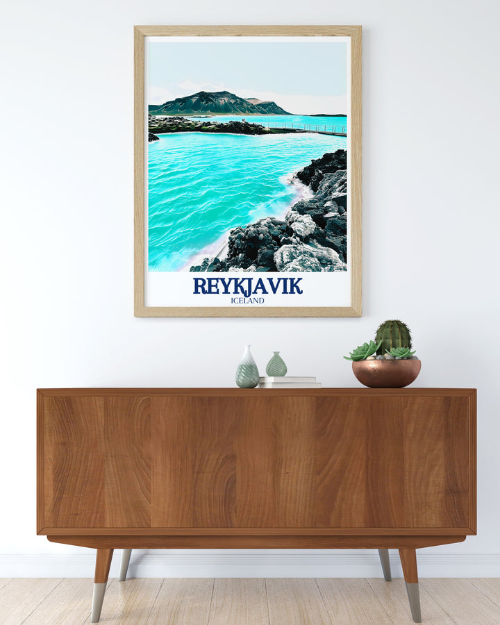 Blue Lagoon wall art capturing the ethereal beauty of Icelands famous spa, known for its mineral rich waters and serene environment. This framed art piece adds a touch of Icelandic calm to your living space.