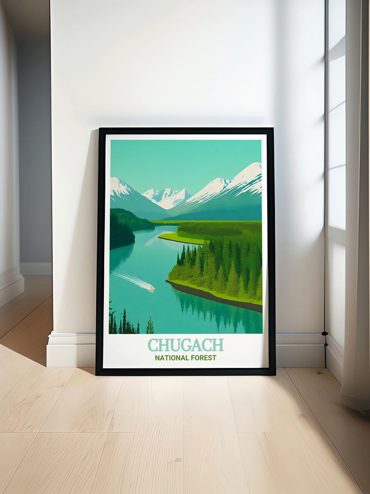 Alaska art featuring the majestic Chugach mountains in a stunning poster ideal for living room decor capturing the raw beauty of Alaska and the serene Kenai River