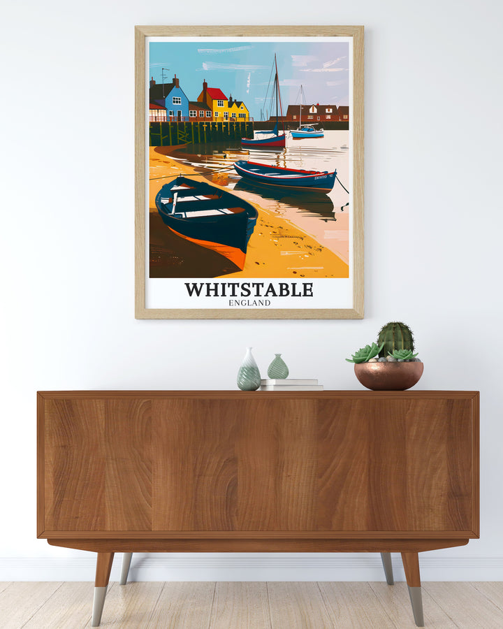 Whitstable Harbour wall decor featuring a detailed illustration of the harbour and its surroundings. This print captures the essence of a day at Whitstable Harbour, making it a perfect gift for anyone who loves the seaside.