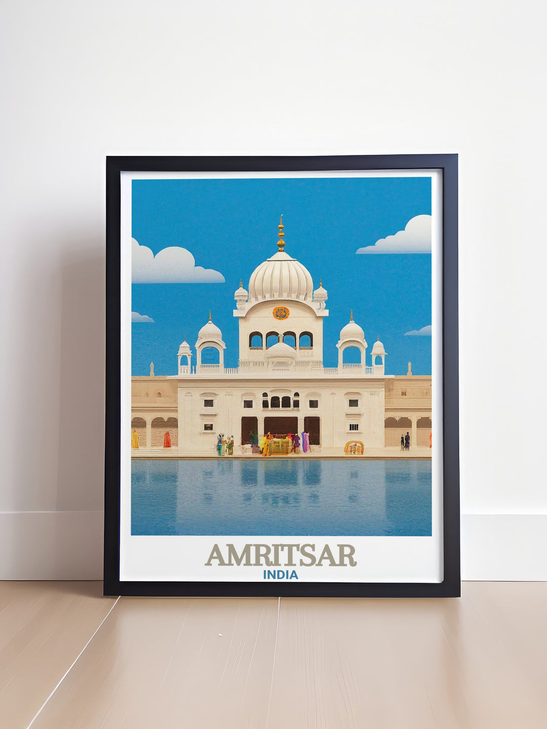 Amritsar poster print highlights the citys rich cultural history, with iconic views of the Durgiana Temple and the surrounding streets. Perfect for Indian themed home decor or as a personalized gift, this artwork brings the heart of India into any room.