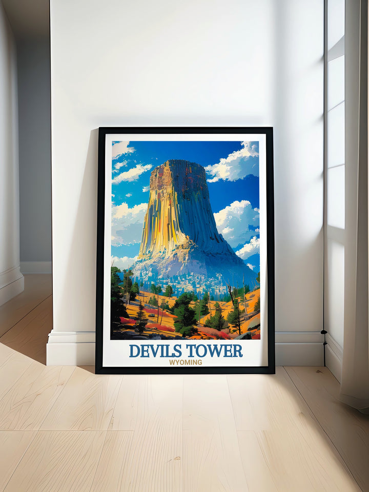 Devils Tower National Monument art print featuring stunning details of the Wyoming landmark perfect for adding elegance to your home decor. This Devils Tower Wyoming wall art makes a striking addition to any room and is an ideal gift for nature lovers.