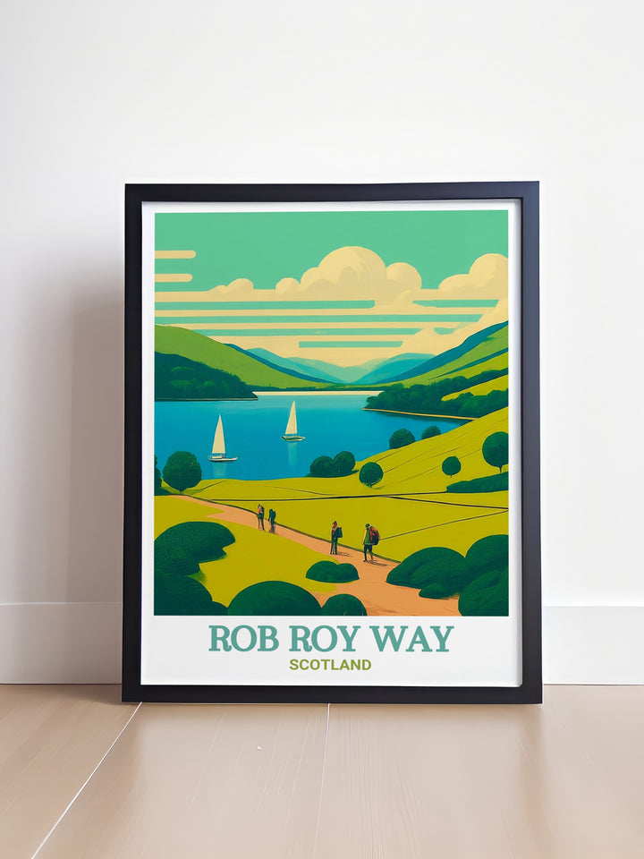 A vibrant art print of Rob Roy Way and Loch Ard, highlighting the peaceful beauty of Scotlands wilderness. This travel poster is perfect for your home decor and makes a thoughtful gift for outdoor enthusiasts.