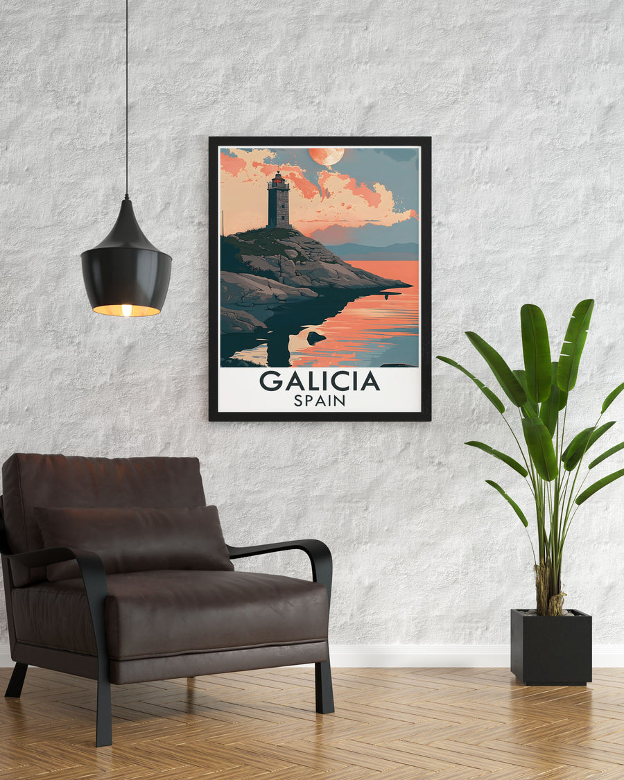 The lush greenery and scenic coastal paths near the Tower of Hercules provide a serene and captivating setting in this artwork.
