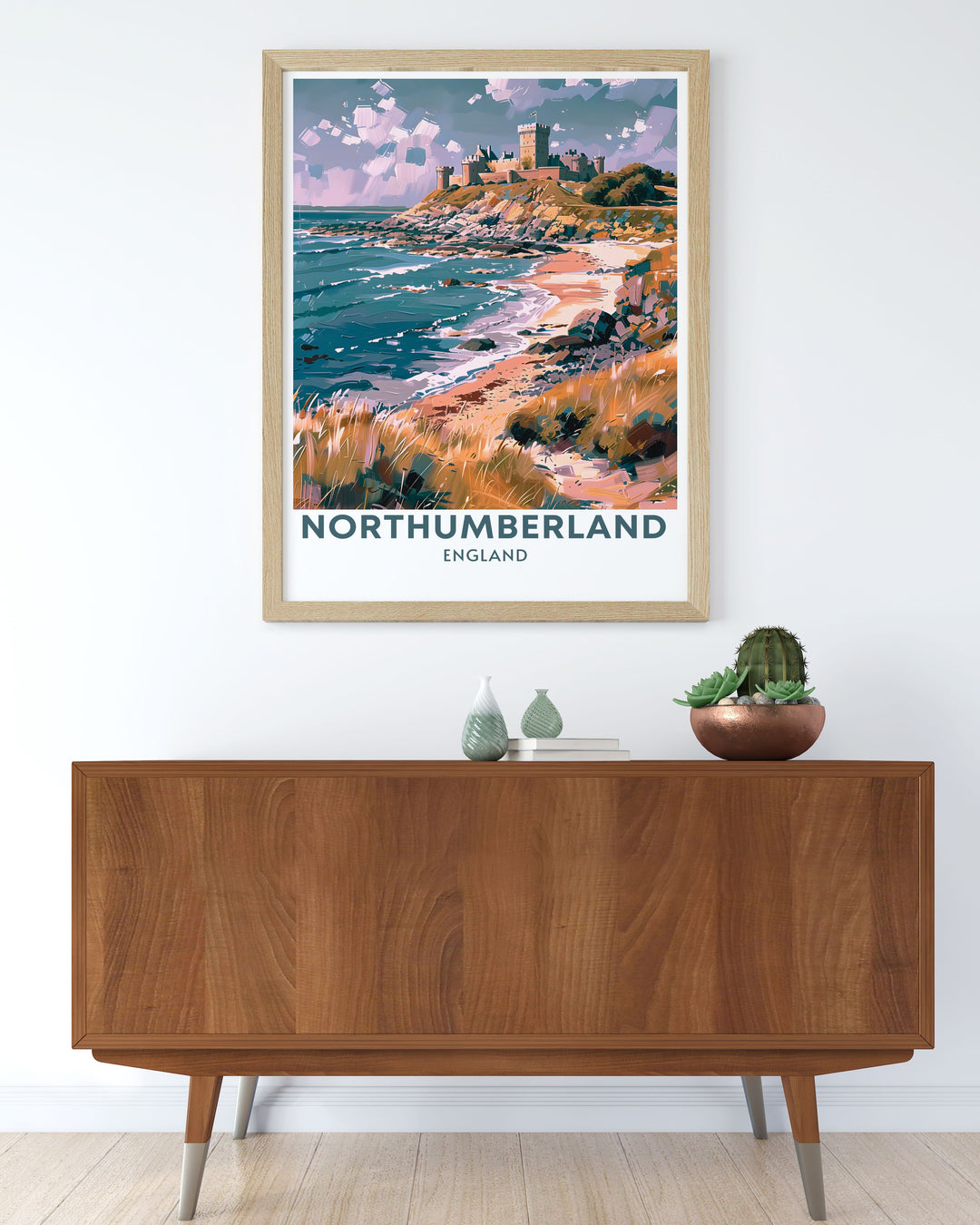 Experience the majestic allure of Bamburgh Castle with this elegant vintage print. Perfect for home decor and as a unique gift idea, this artwork captures the historic charm and scenic beauty of one of Northumberlands most iconic landmarks.